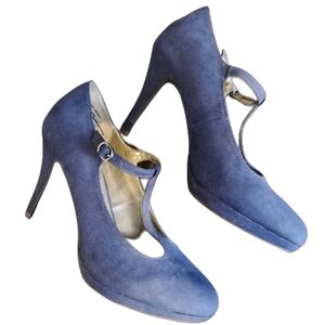 Worthington Navy Suede T-Strap 4" High Heels Shoes Sz 10